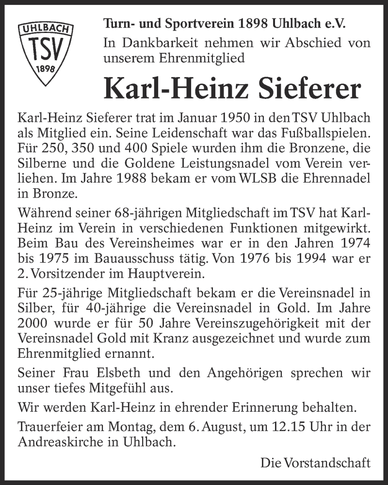  Traueranzeige für Karl-Heinz Sieferer vom 04.08.2018 aus Eßlinger Zeitung/Cannstatter Zeitung