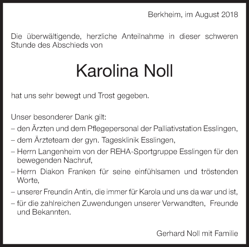  Traueranzeige für Karolina Noll vom 10.08.2018 aus Eßlinger Zeitung/Cannstatter Zeitung