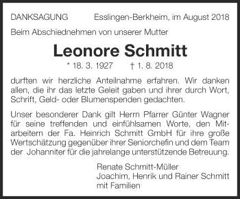 Traueranzeige von Leonore Schmitt von Eßlinger Zeitung/Cannstatter Zeitung