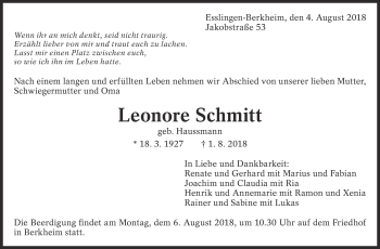 Traueranzeige von Leonore Schmitt von Eßlinger Zeitung/Cannstatter Zeitung