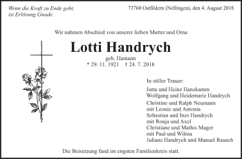 Traueranzeige von Lotti Handrych von Eßlinger Zeitung/Cannstatter Zeitung