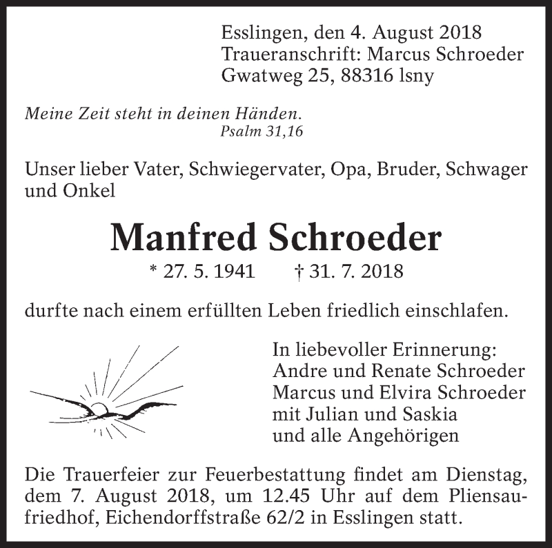  Traueranzeige für Manfred Schroeder vom 04.08.2018 aus Eßlinger Zeitung/Cannstatter Zeitung