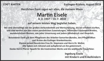 Traueranzeige von Martin Eisele von Eßlinger Zeitung/Cannstatter Zeitung