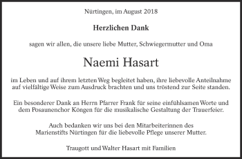 Traueranzeige von Naemi Hasart von Eßlinger Zeitung/Cannstatter Zeitung