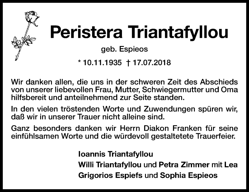  Traueranzeige für Peristera Triantafyllou vom 07.08.2018 aus Eßlinger Zeitung/Cannstatter Zeitung