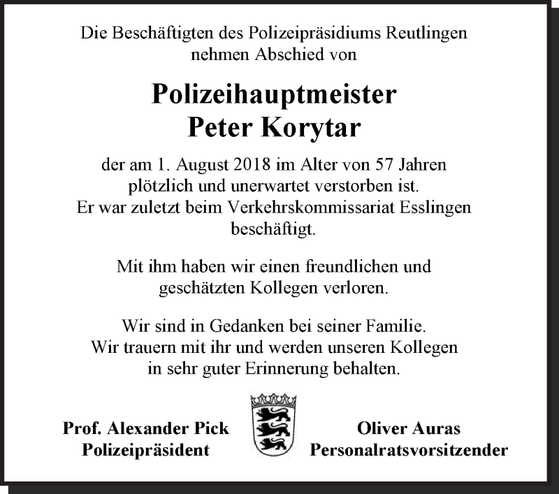  Traueranzeige für Peter Korytar vom 11.08.2018 aus Eßlinger Zeitung/Cannstatter Zeitung