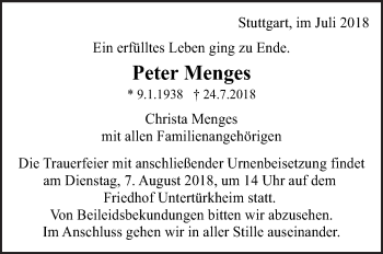 Traueranzeige von Peter Menges von Eßlinger Zeitung/Cannstatter Zeitung