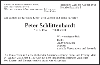 Traueranzeige von Peter Schlittenhardt von Eßlinger Zeitung/Cannstatter Zeitung