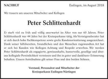 Traueranzeige von Peter Schlittenhardt von Eßlinger Zeitung/Cannstatter Zeitung