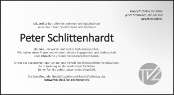 Traueranzeige von Peter Schlittenhardt von Eßlinger Zeitung/Cannstatter Zeitung