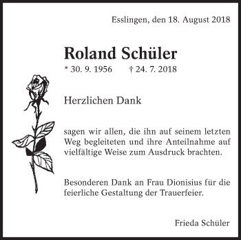 Traueranzeige von Roland Schüler von Eßlinger Zeitung/Cannstatter Zeitung