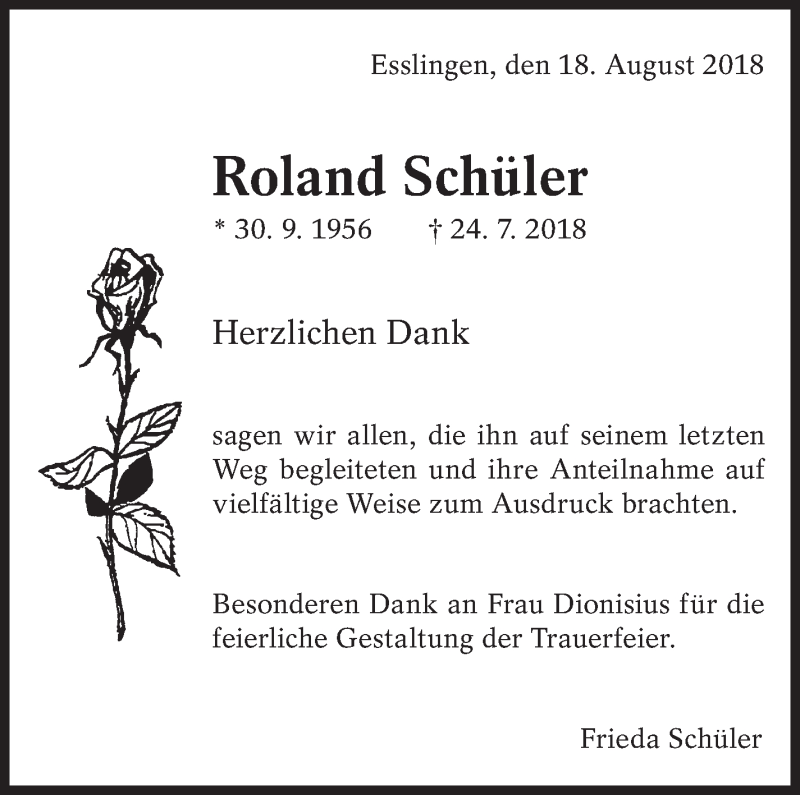  Traueranzeige für Roland Schüler vom 18.08.2018 aus Eßlinger Zeitung/Cannstatter Zeitung