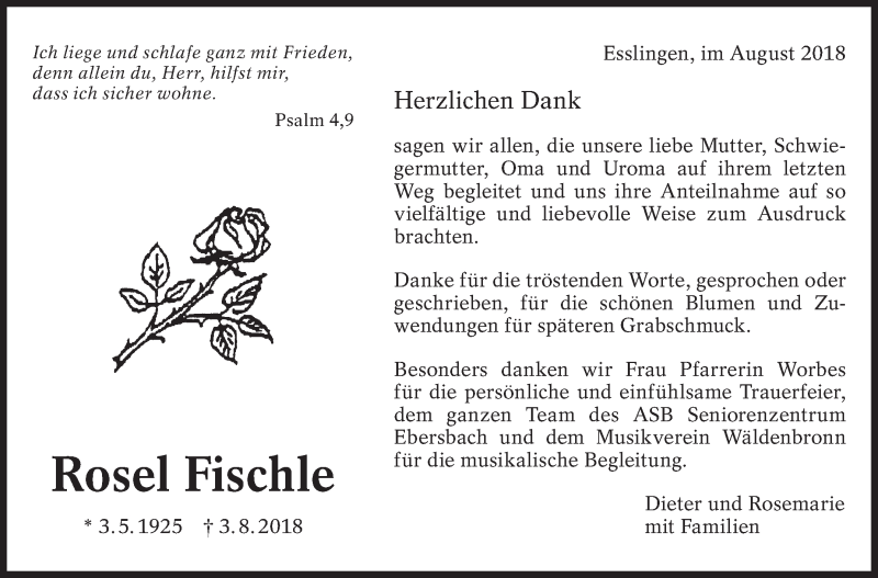  Traueranzeige für Rosel Fischle vom 22.08.2018 aus Eßlinger Zeitung/Cannstatter Zeitung