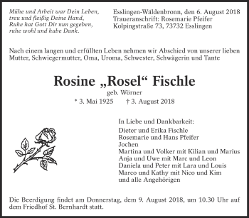 Traueranzeige von Rosine Fischle von Eßlinger Zeitung/Cannstatter Zeitung