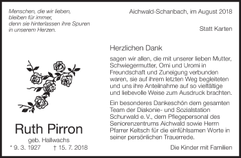 Traueranzeige von Ruth Pirron von Eßlinger Zeitung/Cannstatter Zeitung