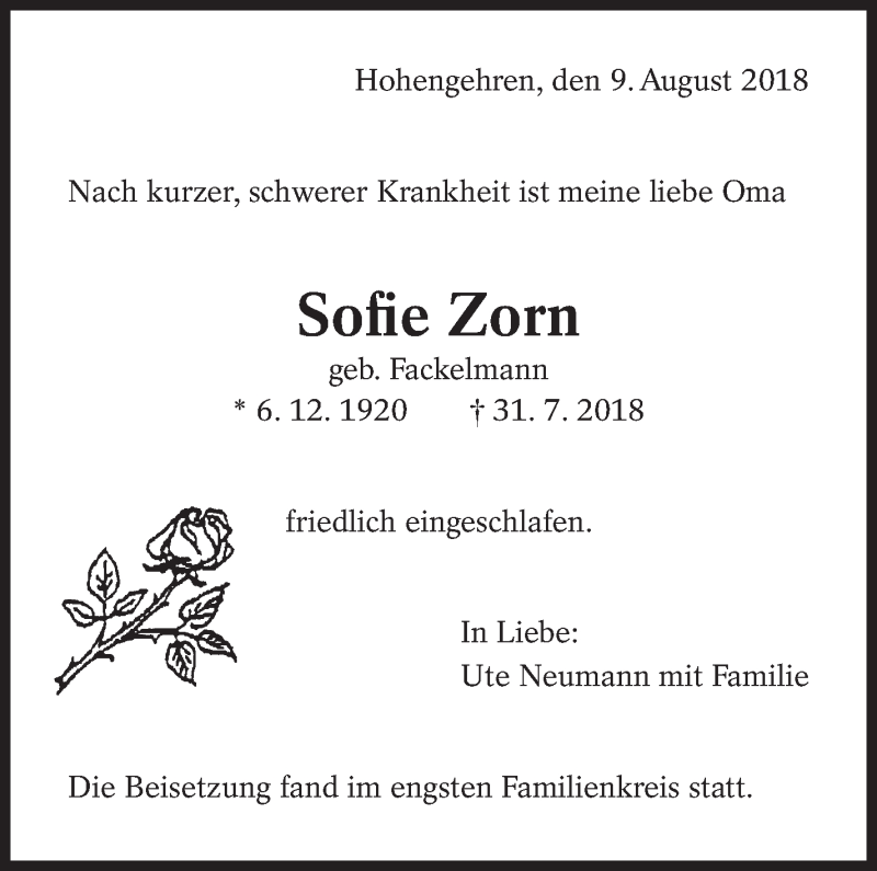  Traueranzeige für Sofie Zorn vom 09.08.2018 aus Eßlinger Zeitung/Cannstatter Zeitung