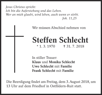 Traueranzeige von Steffen Schlecht von Eßlinger Zeitung/Cannstatter Zeitung