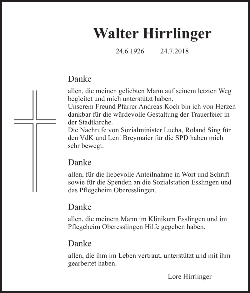  Traueranzeige für Walter Hirrlinger vom 24.08.2018 aus Eßlinger Zeitung/Cannstatter Zeitung