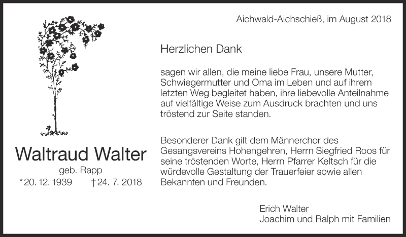  Traueranzeige für Waltraud Walter vom 11.08.2018 aus Eßlinger Zeitung/Cannstatter Zeitung