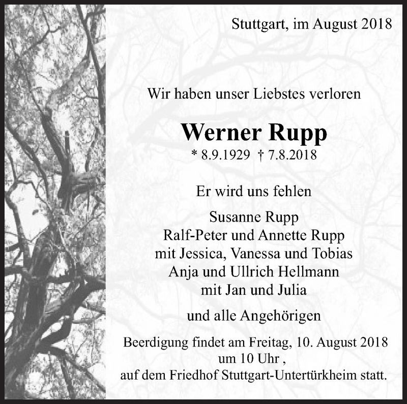  Traueranzeige für Werner Rupp vom 09.08.2018 aus Eßlinger Zeitung/Cannstatter Zeitung