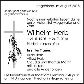 Traueranzeige von Wilhelm Herb von Eßlinger Zeitung/Cannstatter Zeitung