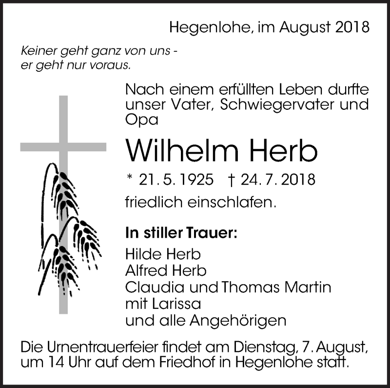  Traueranzeige für Wilhelm Herb vom 01.08.2018 aus Eßlinger Zeitung/Cannstatter Zeitung