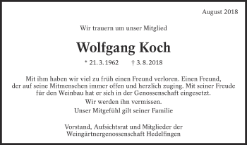 Traueranzeige von Wolfgang Koch von Eßlinger Zeitung/Cannstatter Zeitung