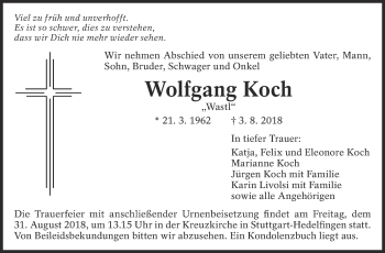 Traueranzeige von Wolfgang Koch von Eßlinger Zeitung/Cannstatter Zeitung