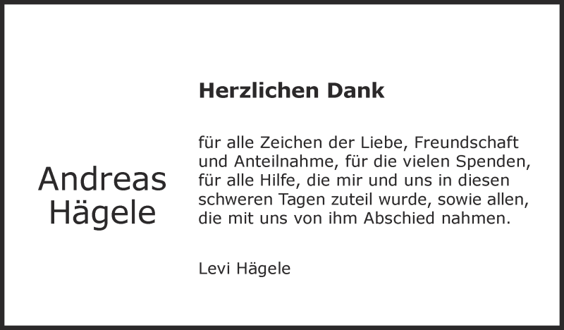  Traueranzeige für Andreas Hägele vom 14.09.2018 aus Eßlinger Zeitung/Cannstatter Zeitung