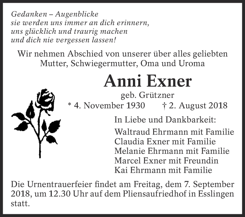  Traueranzeige für Anni Exner vom 01.09.2018 aus Eßlinger Zeitung/Cannstatter Zeitung