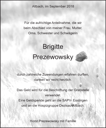 Traueranzeige von Brigitte Prezewowsky von Eßlinger Zeitung/Cannstatter Zeitung