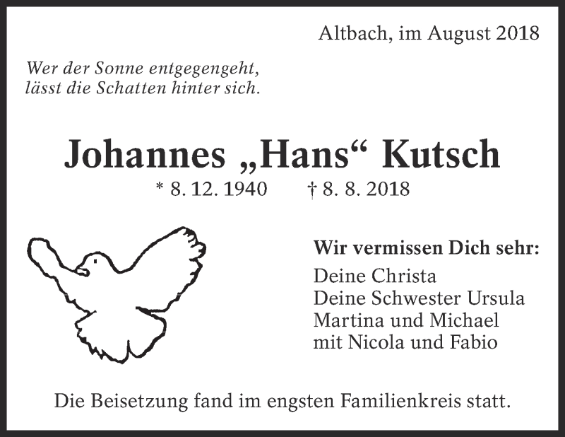  Traueranzeige für Johannes Kutsch vom 01.09.2018 aus Eßlinger Zeitung/Cannstatter Zeitung