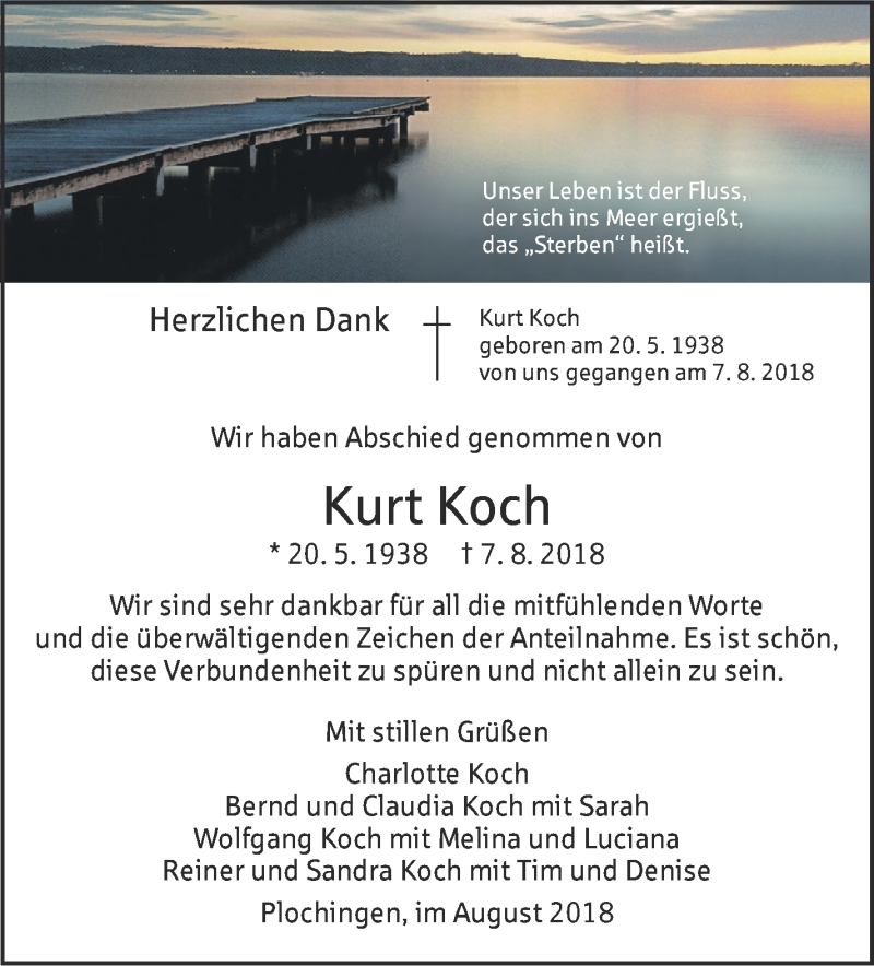 Traueranzeige für Kurt Koch vom 08.09.2018 aus Eßlinger Zeitung/Cannstatter Zeitung
