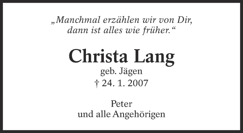 Traueranzeige für Christa Lang vom 24.01.2019 aus Eßlinger Zeitung/Cannstatter Zeitung