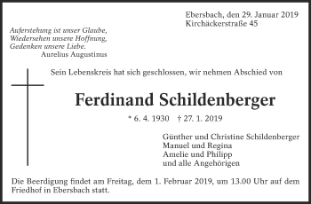 Traueranzeige von Ferdinand Schildenberger von Eßlinger Zeitung/Cannstatter Zeitung