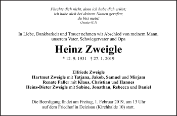 Traueranzeige von Heinz Zweigle von Eßlinger Zeitung/Cannstatter Zeitung