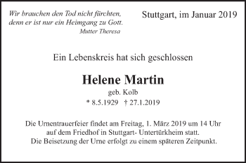 Traueranzeige von Helene Martin von Eßlinger Zeitung/Cannstatter Zeitung