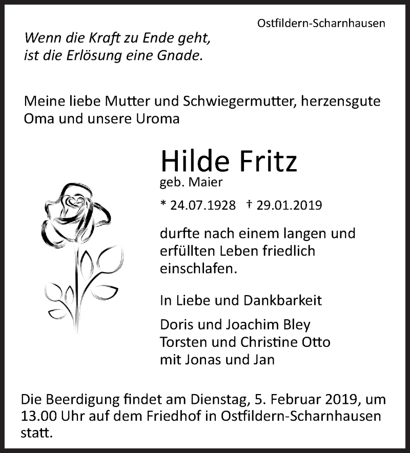  Traueranzeige für Hilde Fritz vom 31.01.2019 aus Eßlinger Zeitung/Cannstatter Zeitung