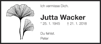 Traueranzeige von Jutta Wacker von Eßlinger Zeitung/Cannstatter Zeitung