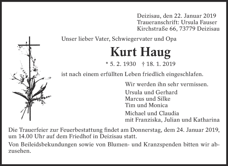  Traueranzeige für Kurt Haug vom 22.01.2019 aus Eßlinger Zeitung/Cannstatter Zeitung