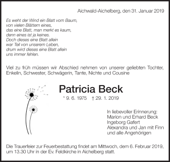 Traueranzeige von Patricia Beck von Eßlinger Zeitung/Cannstatter Zeitung