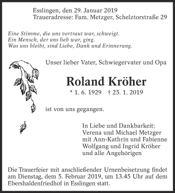 Traueranzeige von Roland Kröher von Eßlinger Zeitung/Cannstatter Zeitung