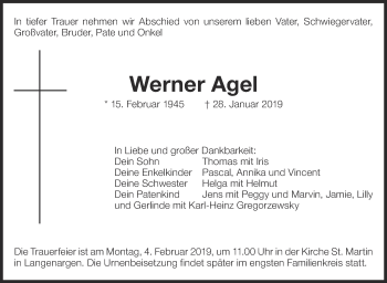 Traueranzeige von Werner Agel von Eßlinger Zeitung/Cannstatter Zeitung