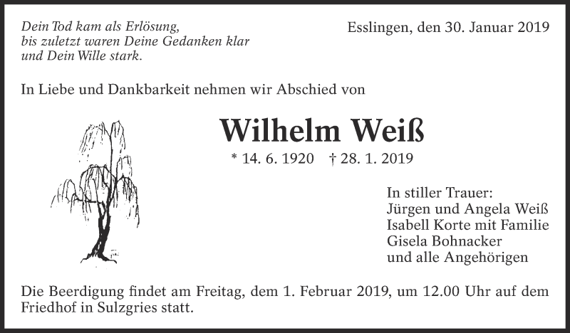  Traueranzeige für Wilhelm Weiß vom 30.01.2019 aus Eßlinger Zeitung/Cannstatter Zeitung
