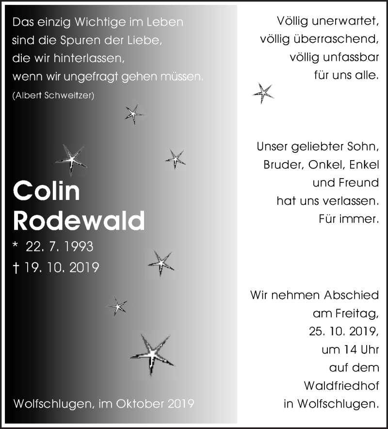  Traueranzeige für Colin Rodewald vom 24.10.2019 aus Eßlinger Zeitung/Cannstatter Zeitung