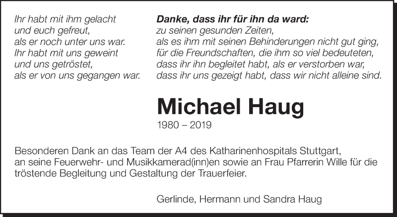  Traueranzeige für Michael Haug vom 09.10.2019 aus Eßlinger Zeitung/Cannstatter Zeitung