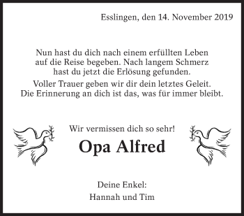 Traueranzeige von Alfred  von Eßlinger Zeitung/Cannstatter Zeitung