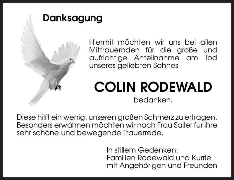  Traueranzeige für Colin Rodewald vom 08.11.2019 aus Eßlinger Zeitung/Cannstatter Zeitung