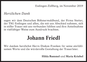 Traueranzeige von Johann Friedl von Eßlinger Zeitung/Cannstatter Zeitung