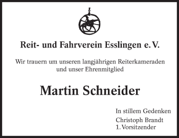 Traueranzeige von Martin Schneider von Eßlinger Zeitung/Cannstatter Zeitung